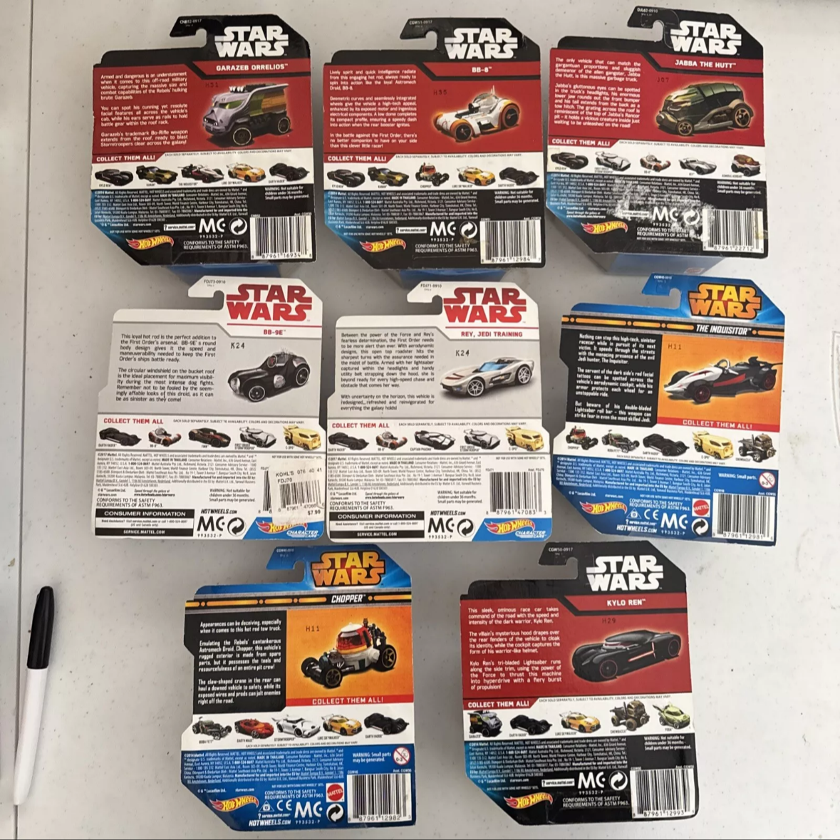 Lot Of 8 Hot Wheels Star Wars Character Car BB-8, Jabba, BB-9E, Rey, Ships Free
