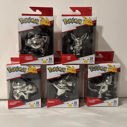 Lot Of 5 NIB Pokemon 25th Anniversary Silver PIKACHU,EEVEE,BULBASAUR,JIGGLYPUFF SHIPS FREE