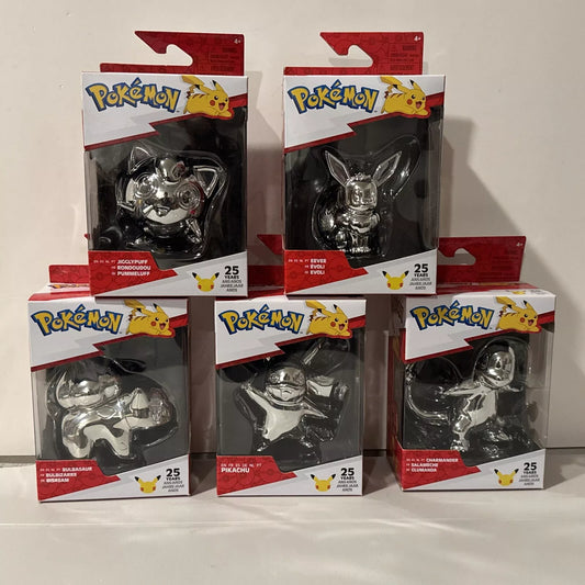 Lot Of 5 NIB Pokemon 25th Anniversary Silver PIKACHU,EEVEE,BULBASAUR,JIGGLYPUFF SHIPS FREE